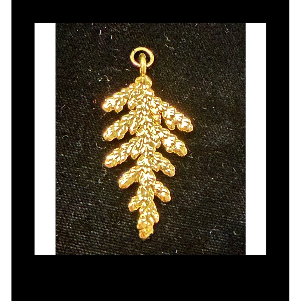 Gold Tone Cedar Leaf Pendant Textured Evergreen Botanical Charm Nature Jewelry